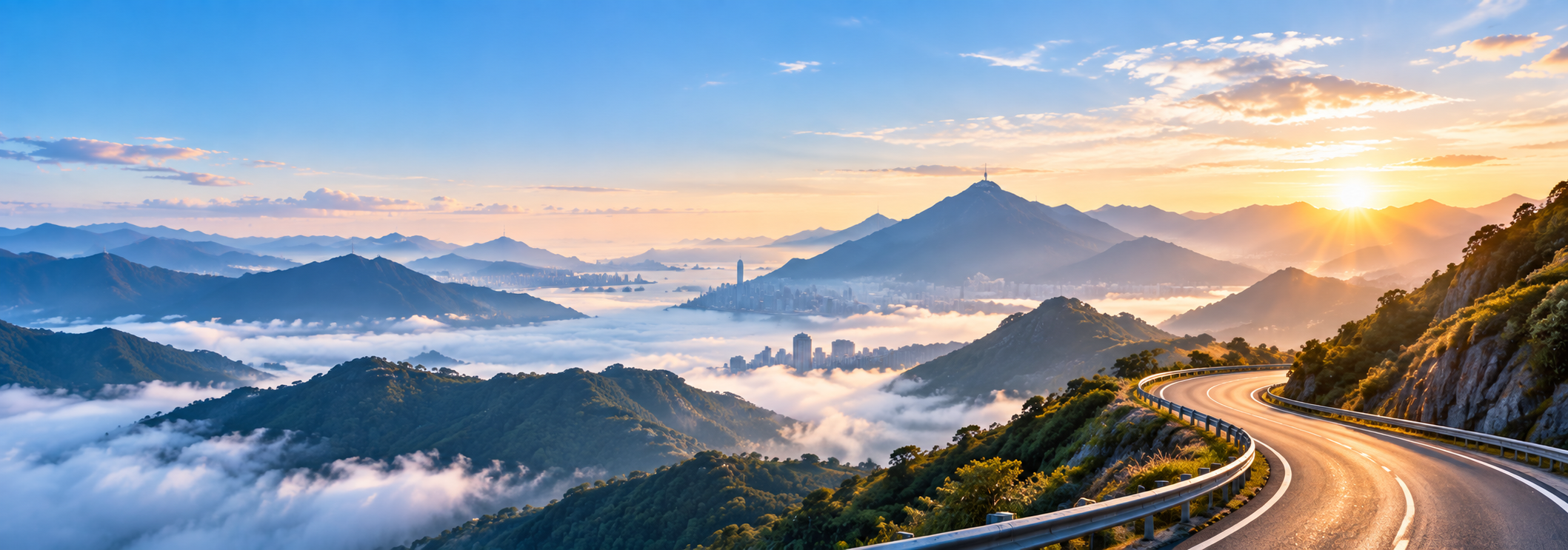 A hiker looking across the city toward the mountains at sunrise